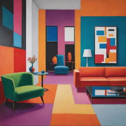 A vibrant and colourful depiction of a modern scene, emphasizing a balance between bold tones and contemporary design.