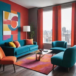 A vibrant and colourful depiction of a modern scene, emphasizing a balance between bold tones and contemporary design.