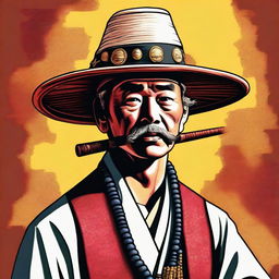 A high-quality digital art image portraying a Shinto priest in a traditional Asian farmer's hat, carrying a shotgun