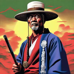 A high-quality digital art image portraying a Shinto priest in a traditional Asian farmer's hat, carrying a shotgun