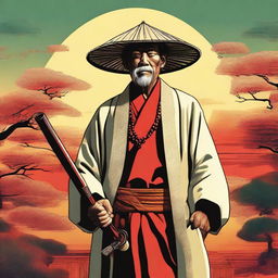 A high-quality digital art image portraying a Shinto priest in a traditional Asian farmer's hat, carrying a shotgun