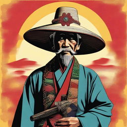 A high-quality digital art image portraying a Shinto priest in a traditional Asian farmer's hat, carrying a shotgun