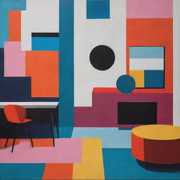 A vibrant and colourful depiction of a modern scene, emphasizing a balance between bold tones and contemporary design.