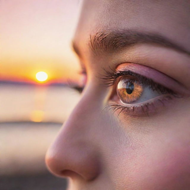 Close-up of luminous eyes reflecting a spectacular sunset with colors ranging from vibrant orange to stunning pink creating an ethereal atmosphere