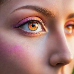 Close-up of luminous eyes reflecting a spectacular sunset with colors ranging from vibrant orange to stunning pink creating an ethereal atmosphere