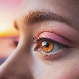 Close-up of luminous eyes reflecting a spectacular sunset with colors ranging from vibrant orange to stunning pink creating an ethereal atmosphere