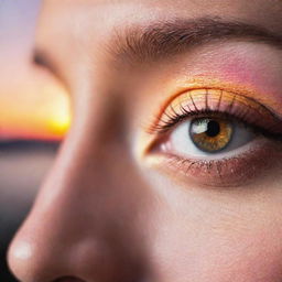 Close-up of luminous eyes reflecting a spectacular sunset with colors ranging from vibrant orange to stunning pink creating an ethereal atmosphere