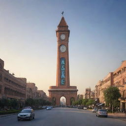 The iconic Clock Tower of Faisalabad city, Pakistan, depicted in the year 2080 with futuristic design elements and advanced technology enhancements.