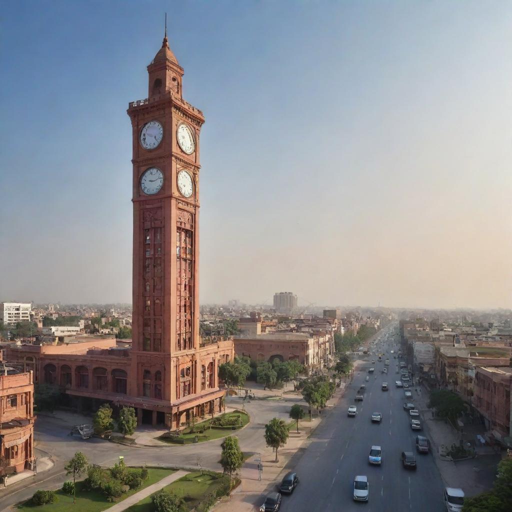 The iconic Clock Tower of Faisalabad city, Pakistan, depicted in the year 2080 with futuristic design elements and advanced technology enhancements.