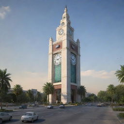 The iconic Clock Tower of Faisalabad city, Pakistan, depicted in the year 2080 with futuristic design elements and advanced technology enhancements.