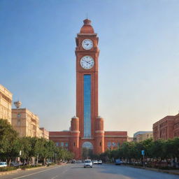 The iconic Clock Tower of Faisalabad city, Pakistan, depicted in the year 2080 with futuristic design elements and advanced technology enhancements.