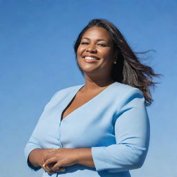 A confident, larger-sized woman, elegantly dressed, standing tall with a beaming smile under a clear blue sky.