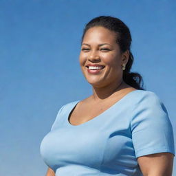 A confident, larger-sized woman, elegantly dressed, standing tall with a beaming smile under a clear blue sky.