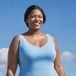 A confident, larger-sized woman, elegantly dressed, standing tall with a beaming smile under a clear blue sky.