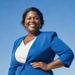 A confident, larger-sized woman, elegantly dressed, standing tall with a beaming smile under a clear blue sky.