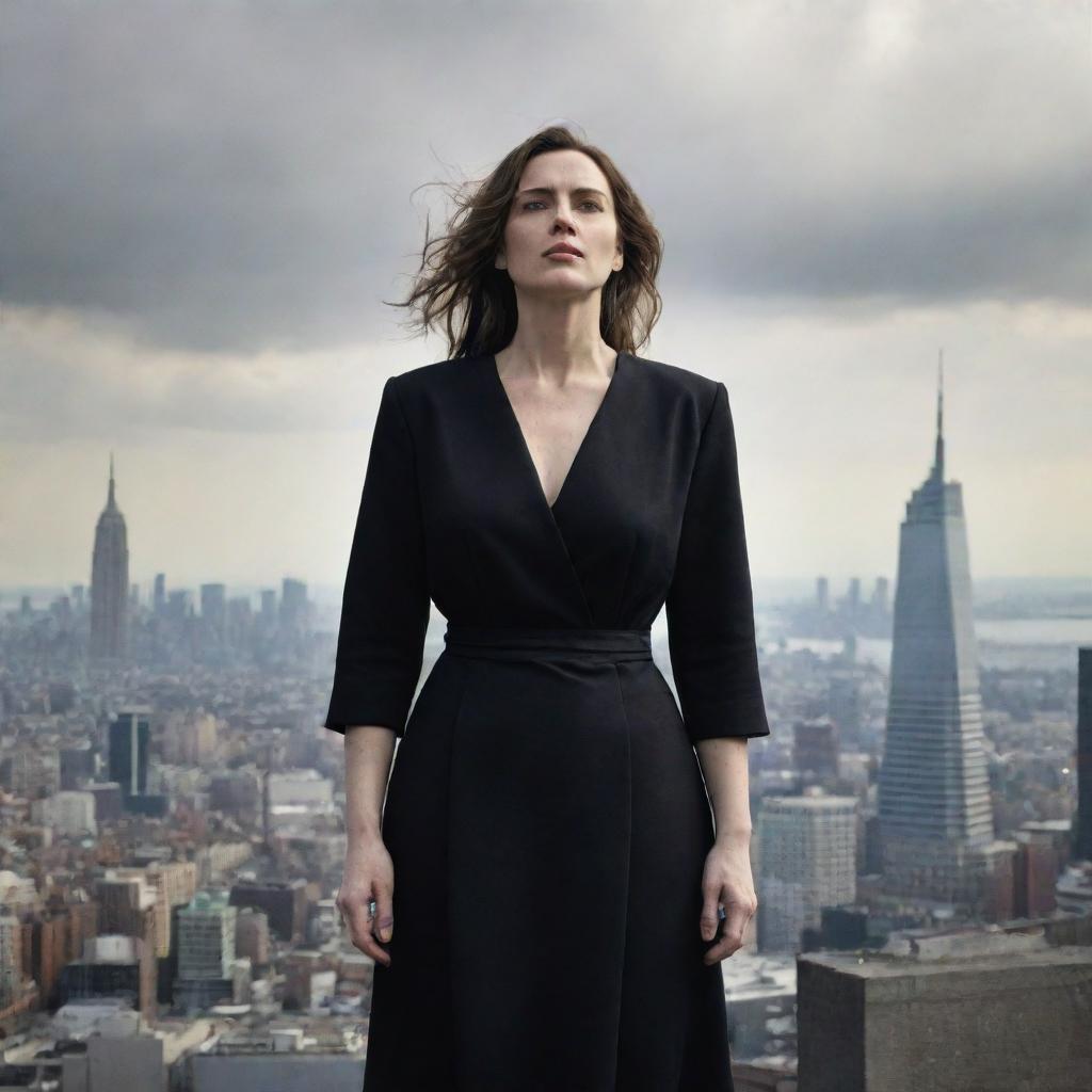 A dramatically enlarged version of the previously described woman, offering a sense of powerful, overwhelming presence against a cityscape backdrop.