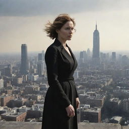 A dramatically enlarged version of the previously described woman, offering a sense of powerful, overwhelming presence against a cityscape backdrop.