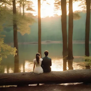 As they walked hand in hand through the forest, the couple couldn't resist sitting on a splintery log to watch the sunset together.