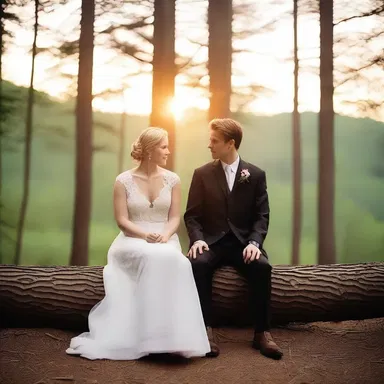 As they walked hand in hand through the forest, the couple couldn't resist sitting on a splintery log to watch the sunset together.
