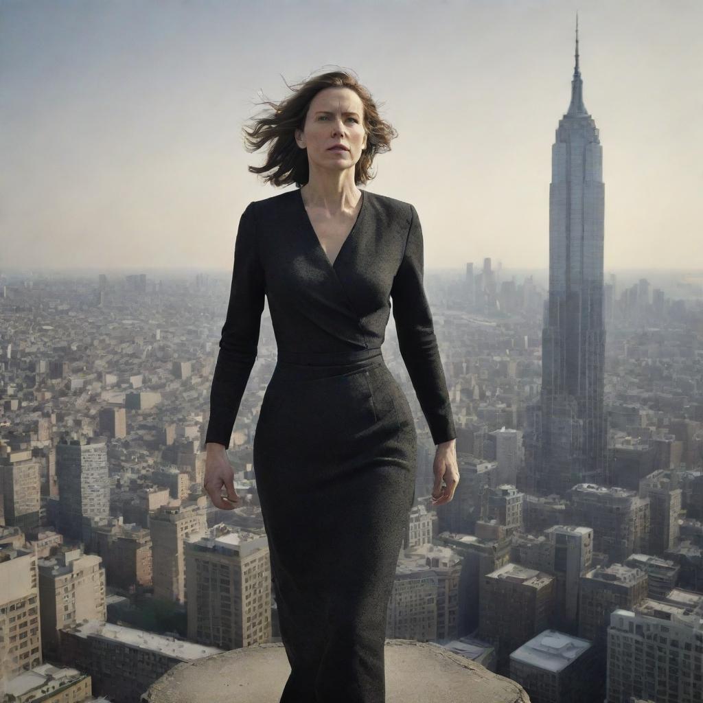 A dramatically enlarged version of the previously described woman, offering a sense of powerful, overwhelming presence against a cityscape backdrop.