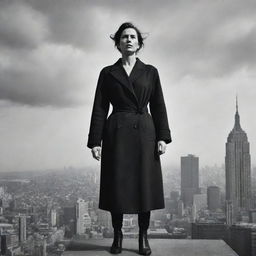 A dramatically enlarged version of the previously described woman, offering a sense of powerful, overwhelming presence against a cityscape backdrop.