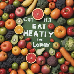 An eye-catching advertisement banner filled with an array of vibrant, fresh fruits and vegetables. The headline reads 'Eat Healthy, Live Longer' in bold, captivating letters.