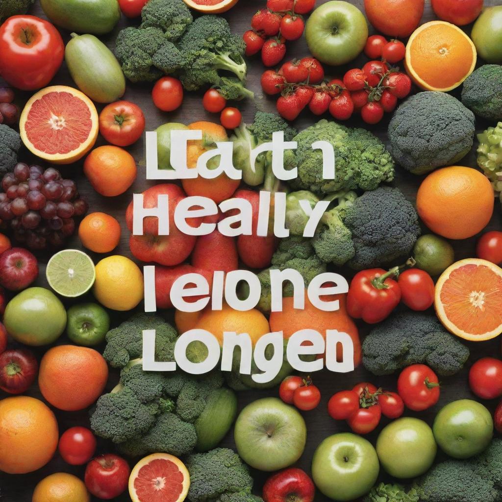 An eye-catching advertisement banner filled with an array of vibrant, fresh fruits and vegetables. The headline reads 'Eat Healthy, Live Longer' in bold, captivating letters.