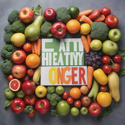 An eye-catching advertisement banner filled with an array of vibrant, fresh fruits and vegetables. The headline reads 'Eat Healthy, Live Longer' in bold, captivating letters.