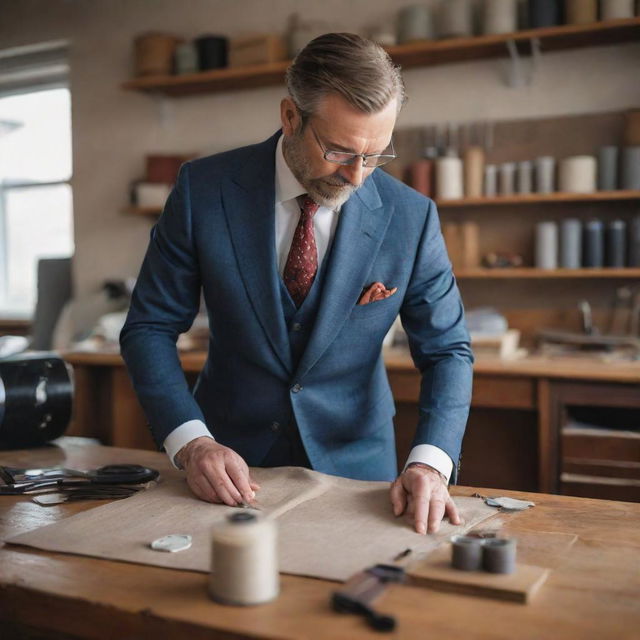 A detailed image of a seasoned tailor at work, bent over a fashionably cut suit on a wooden table, surrounded by various sewing tools in a cozy, well-lit tailor shop.