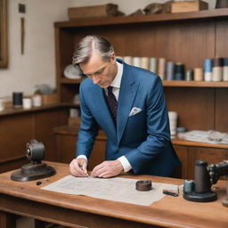 A detailed image of a seasoned tailor at work, bent over a fashionably cut suit on a wooden table, surrounded by various sewing tools in a cozy, well-lit tailor shop.