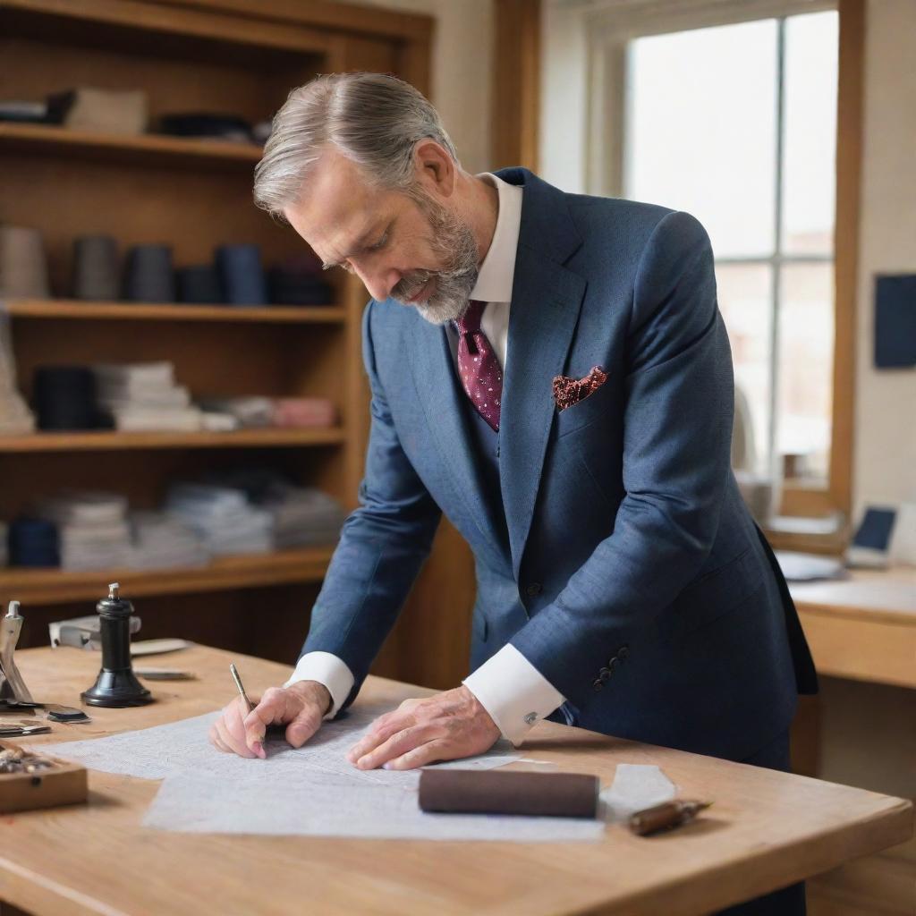 A detailed image of a seasoned tailor at work, bent over a fashionably cut suit on a wooden table, surrounded by various sewing tools in a cozy, well-lit tailor shop.