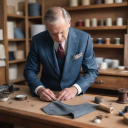 A detailed image of a seasoned tailor at work, bent over a fashionably cut suit on a wooden table, surrounded by various sewing tools in a cozy, well-lit tailor shop.