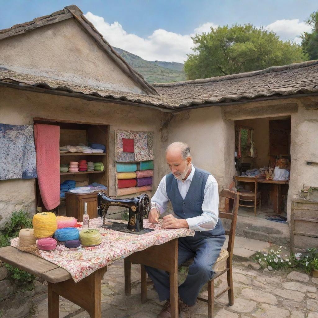 A skilled tailor working in a quaint, rustic village. His shop is filled with colorful fabrics and vintage sewing machines, and background shows picturesque cottages and serene natural scenery.