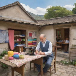 A skilled tailor working in a quaint, rustic village. His shop is filled with colorful fabrics and vintage sewing machines, and background shows picturesque cottages and serene natural scenery.