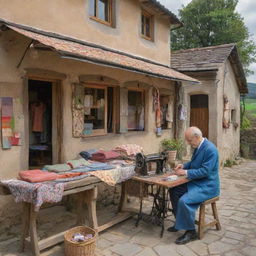 A skilled tailor working in a quaint, rustic village. His shop is filled with colorful fabrics and vintage sewing machines, and background shows picturesque cottages and serene natural scenery.