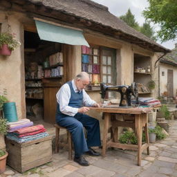 A skilled tailor working in a quaint, rustic village. His shop is filled with colorful fabrics and vintage sewing machines, and background shows picturesque cottages and serene natural scenery.