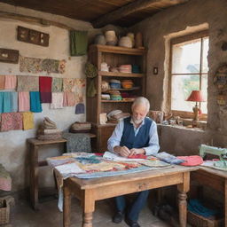 A skilled tailor working in a quaint, rustic village. His shop is filled with colorful fabrics and vintage sewing machines, and background shows picturesque cottages and serene natural scenery.