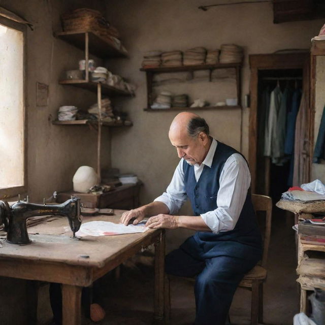 A humble tailor in a low-income setting, working diligently in a modest shop. Surroundings show simplicity and hardship, but also resilience and perseverance, creating a powerful, emotive image.