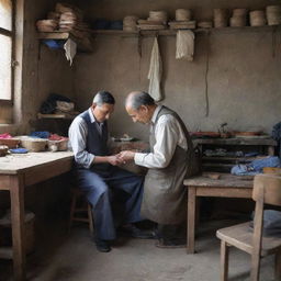 A humble tailor in a low-income setting, working diligently in a modest shop. Surroundings show simplicity and hardship, but also resilience and perseverance, creating a powerful, emotive image.