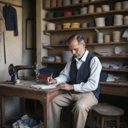 A humble tailor in a low-income setting, working diligently in a modest shop. Surroundings show simplicity and hardship, but also resilience and perseverance, creating a powerful, emotive image.