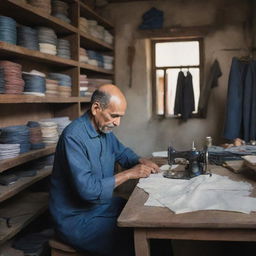 A humble tailor in a low-income setting, working diligently in a modest shop. Surroundings show simplicity and hardship, but also resilience and perseverance, creating a powerful, emotive image.