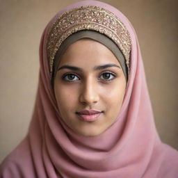 A Muslim girl in her traditional modest outfit, hijab covering her head beautifully. She radiates confidence, grace and serenity, reflecting both her cultural background and her individual spirit.