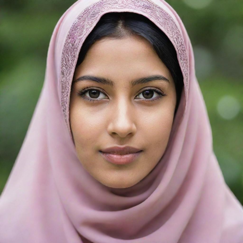 A Muslim girl in her traditional modest outfit, hijab covering her head beautifully. She radiates confidence, grace and serenity, reflecting both her cultural background and her individual spirit.