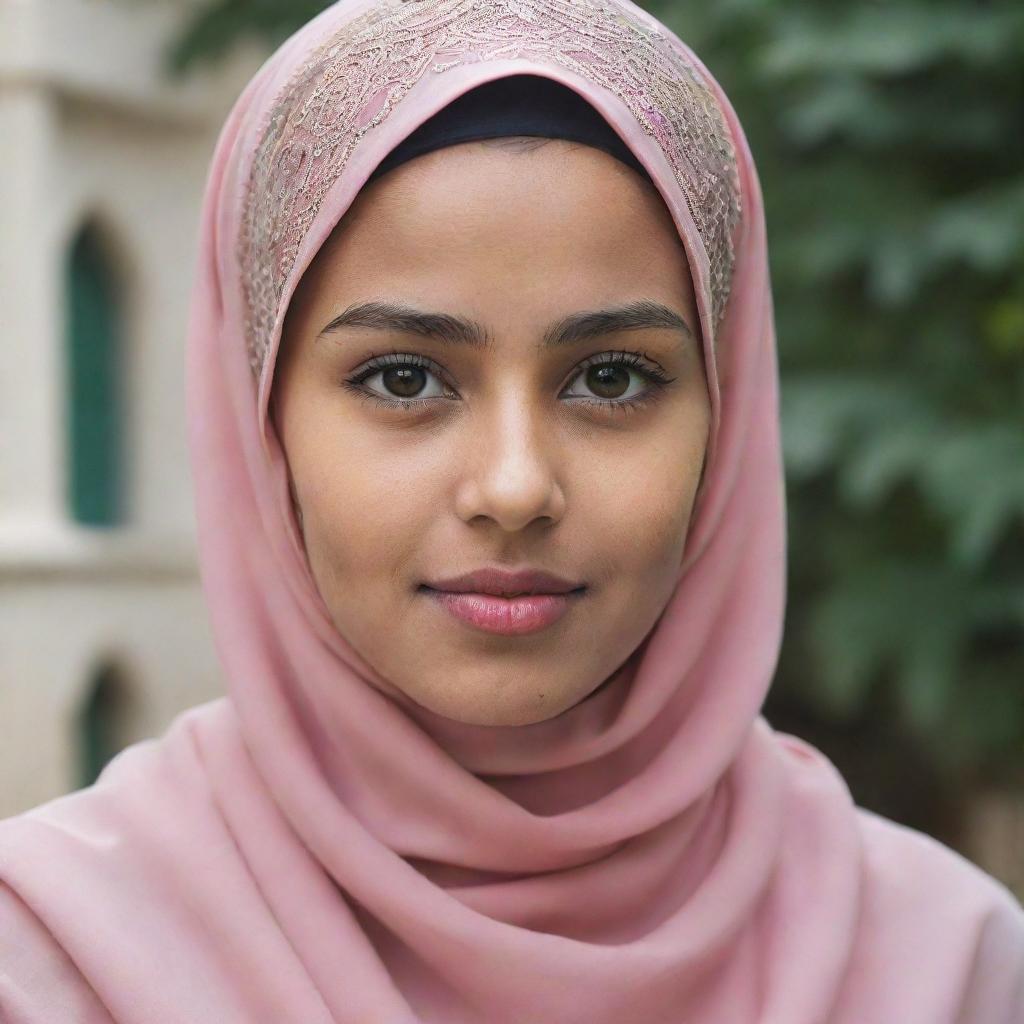 A Muslim girl in her traditional modest outfit, hijab covering her head beautifully. She radiates confidence, grace and serenity, reflecting both her cultural background and her individual spirit.