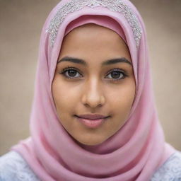 A Muslim girl in her traditional modest outfit, hijab covering her head beautifully. She radiates confidence, grace and serenity, reflecting both her cultural background and her individual spirit.