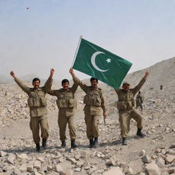 Pakistan army soldiers in a warzone celebrating a victory amidst the rubble. They should be happily waving a Pakistan flag, with a backdrop of a disrupted but hopeful landscape.