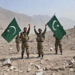 Pakistan army soldiers in a warzone celebrating a victory amidst the rubble. They should be happily waving a Pakistan flag, with a backdrop of a disrupted but hopeful landscape.