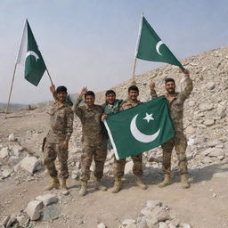 Pakistan army soldiers in a warzone celebrating a victory amidst the rubble. They should be happily waving a Pakistan flag, with a backdrop of a disrupted but hopeful landscape.