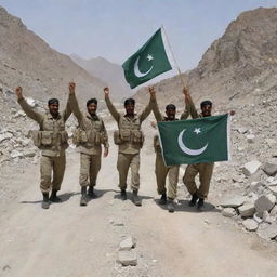 Pakistan army soldiers in a warzone celebrating a victory amidst the rubble. They should be happily waving a Pakistan flag, with a backdrop of a disrupted but hopeful landscape.