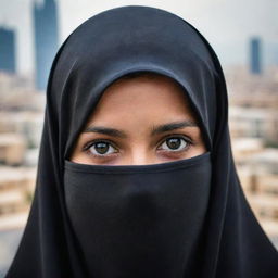 An empowered Muslim girl proudly wearing a burka. Her eyes, visible through the veil, emanate strength and determination. The background subtly suggests an everyday cityscape in a Muslim-majority country.